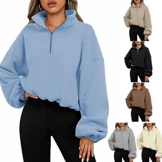 Women's Loose Sport Pullover Hoodie – Thick Zipper Sweatshirt with Stand Collar, Warm Winter Clothing
