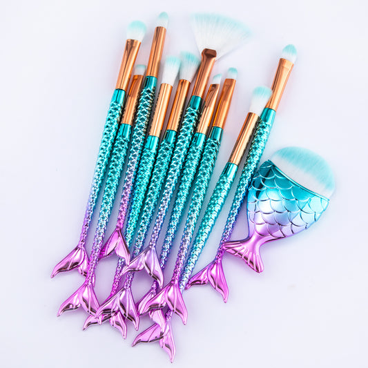 11-Piece Mermaid Makeup Brushes Kit – Foundation, Eyebrow, Eyeliner Brushes for Cosmetics