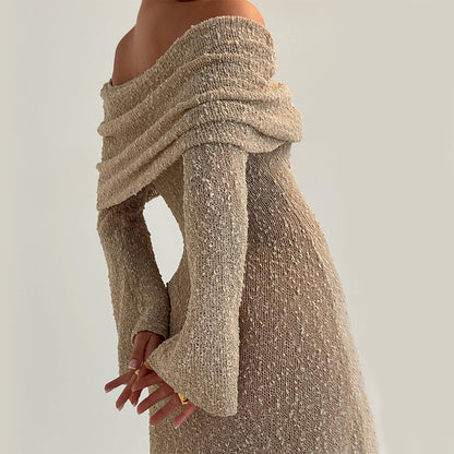 Women's One-Shoulder Knitted Dress – Sexy Long-Sleeved Beach & Holiday Dress for Vacation Style