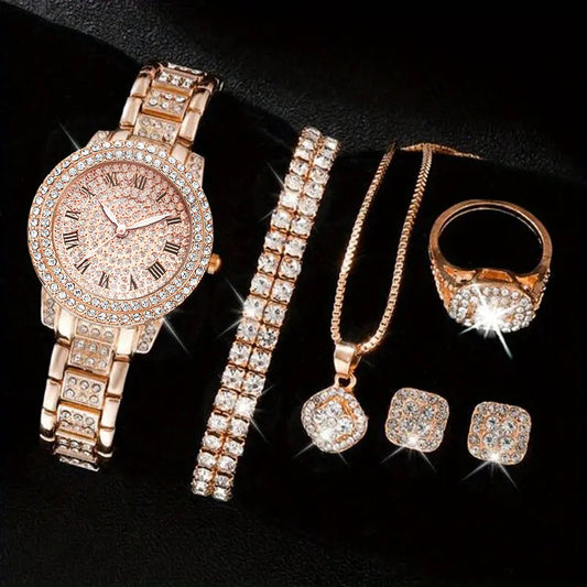 Women's Diamond Fashion Roman Quartz Watch Five-piece Set – Elegant Luxury Wristwatch Collection for Women