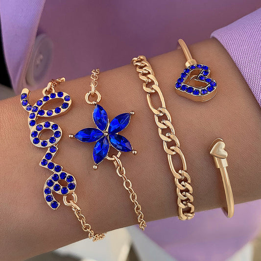 4PCS Blue Flower Love Butterfly Bracelet Set with Rhinestone Design – Valentine's Day Gift for Women