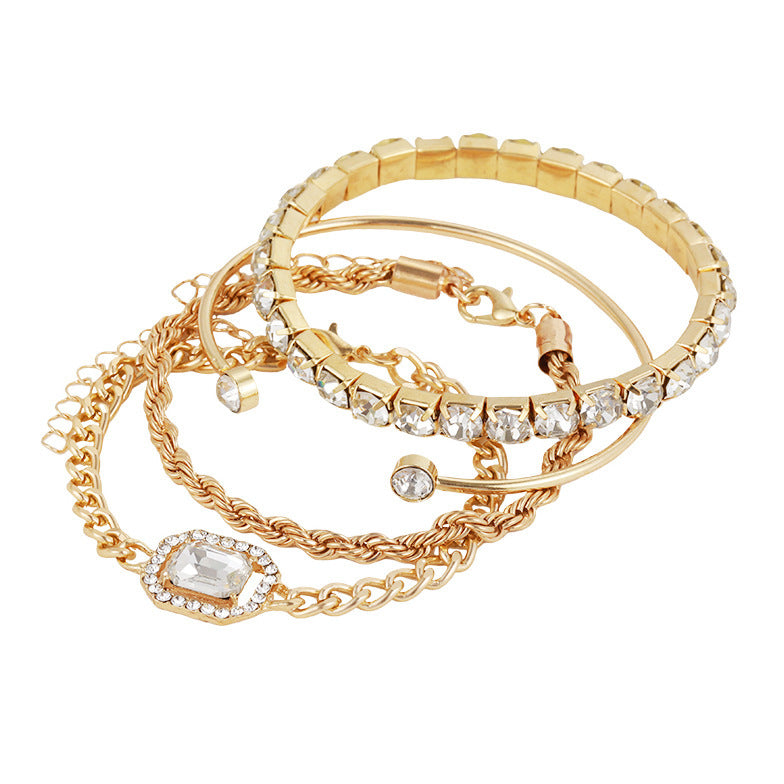 4-Piece Crystal Bracelet Set - Bohemian Design with Twisted Cuff, Vintage Luxury Armband Jewelry for Women