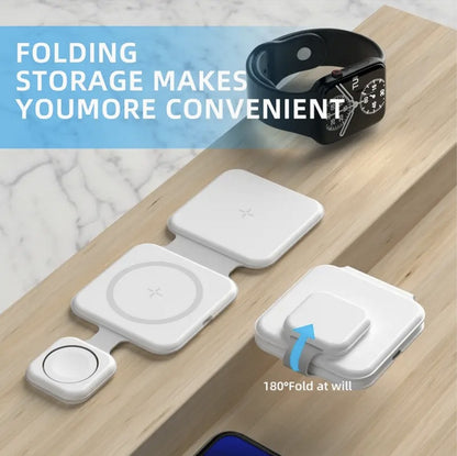 3-in-1 Magnetic Foldable Wireless Charging Station – Multi-Device Cell Phone Charger for Phones, Air Pods & Smartwatches