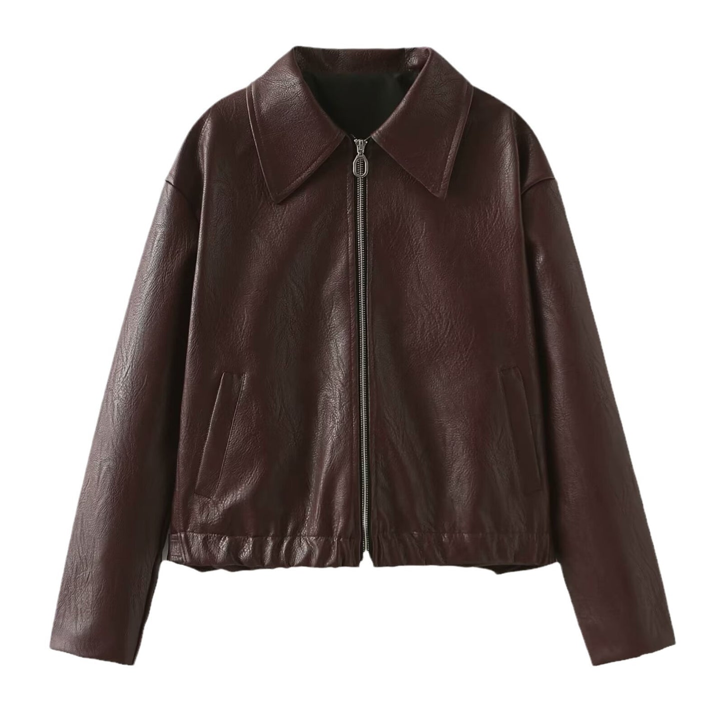 Women's Solid Color Lapel Zipper Jacket – Casual Long Sleeve Leather Coat for Fashionable Outerwear