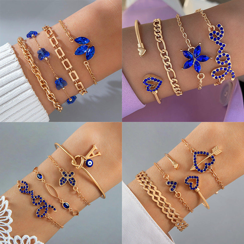 4PCS Blue Flower Love Butterfly Bracelet Set with Rhinestone Design – Valentine's Day Gift for Women