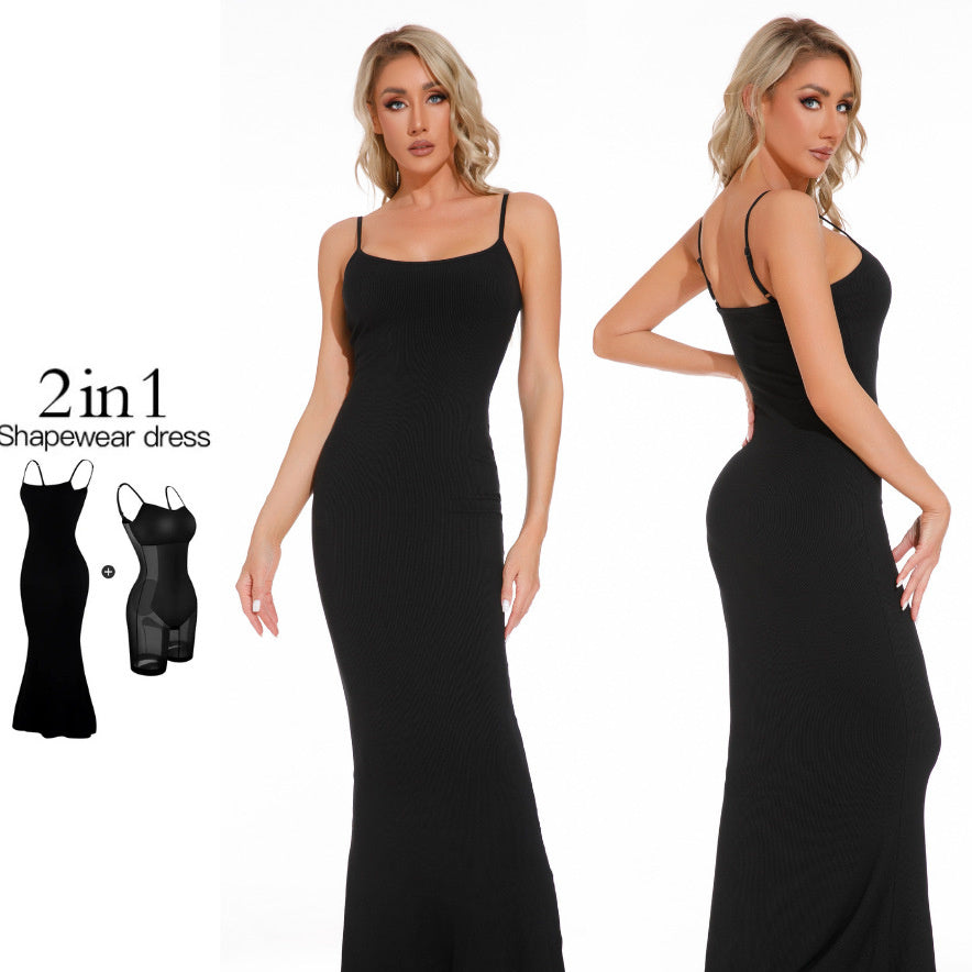 Women's Shapewear Bodysuit Dress – Tummy Control Jumpsuit with Chest Pad & Open Crotch Corset Design