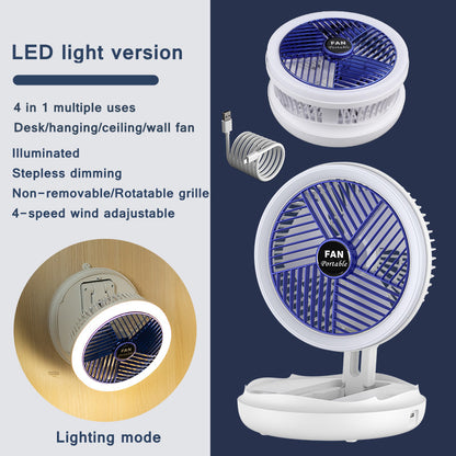 Premium 4-in-1 Smart Fan System - USB Rechargeable with LED Light, Wall Mount & 4-Speed Control