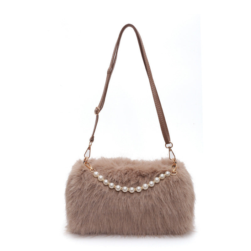 Autumn Winter Plush Shoulder Bag with Pearl Chain – Fashionable Versatile Women's Crossbody Armpit Bag