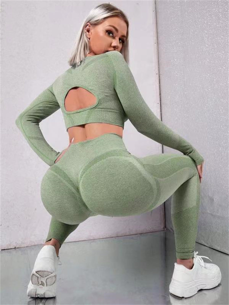 Women’s 2-Piece Sports Suit – Long Sleeve Hollow Design Top and Butt Lifting High Waist Leggings