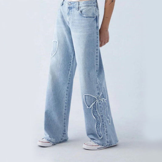 Women's Street Style Embroidered Butterfly Jeans – Frayed Baggy Trousers with Side Design
