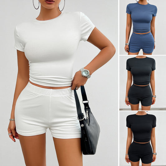 2-Piece Women's Slim Fit Sports Set – Short Sleeve T-Shirt & Elastic Shorts Summer Workout Outfit