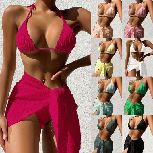 3-Piece Halter neck Swimsuit Set – Sexy Backless Bikini with Mesh Skirt for Summer Beach & Pool wear