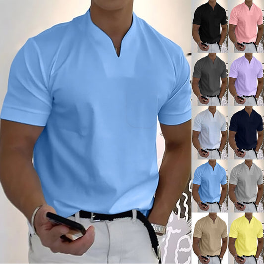 Summer Short Sleeve Shirt for Men – Plus Size Fitness Sports T-Shirt with Elastic Cotton and Pocket