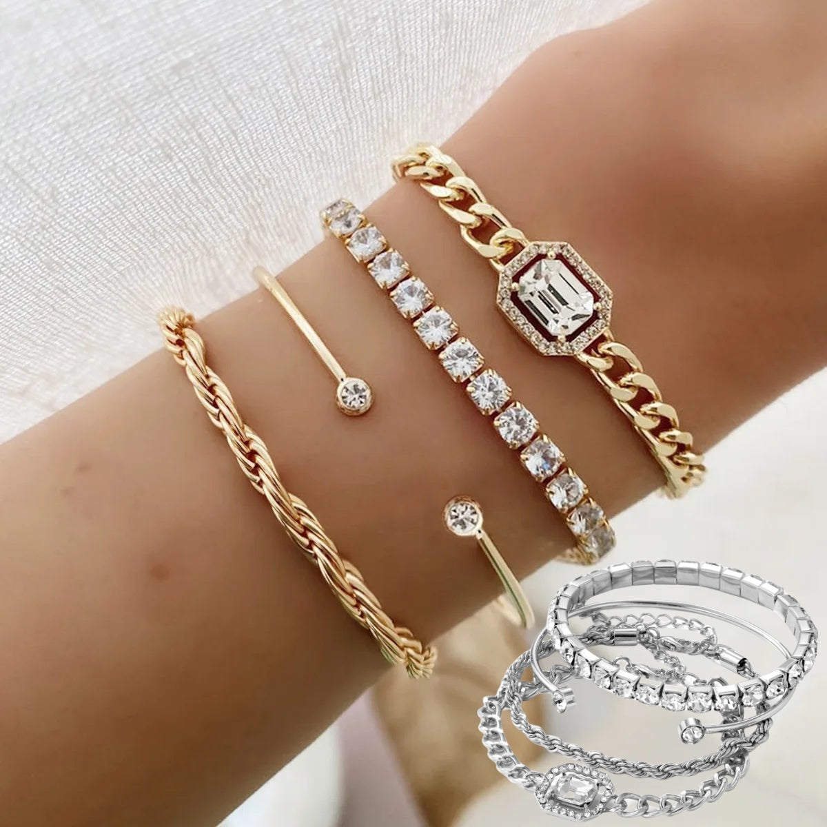 4-Piece Crystal Bracelet Set - Bohemian Design with Twisted Cuff, Vintage Luxury Armband Jewelry for Women