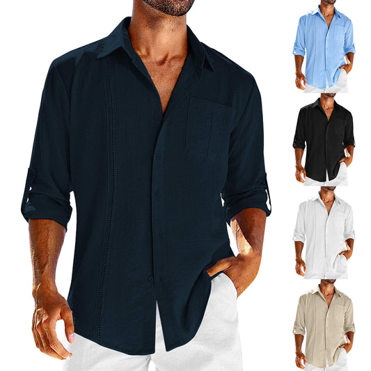 Casual Long Sleeve Shirt with Pocket – Lace Polo Collar Solid Color Button Shirt for Men