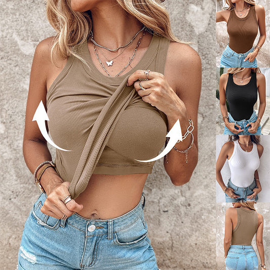 Women's Sleeveless Round Neck Vest with Built-in Bra – Solid Color Summer Tank Top