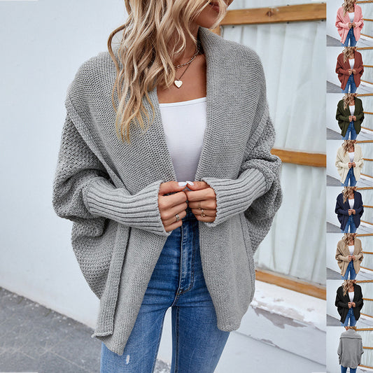 Women's Loose Knitted Sweater – Solid Color Bat Sleeve Cardigan with Large Lapel for Autumn & Winter Fashion