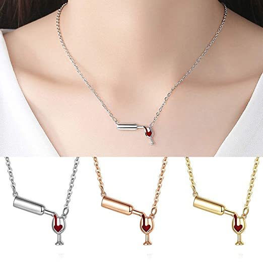 Wine Bottle & Cup Pendant Necklace for Women – Red Enamel Heart Love Cheers Chain Necklace, Perfect Gift for Wine Lovers