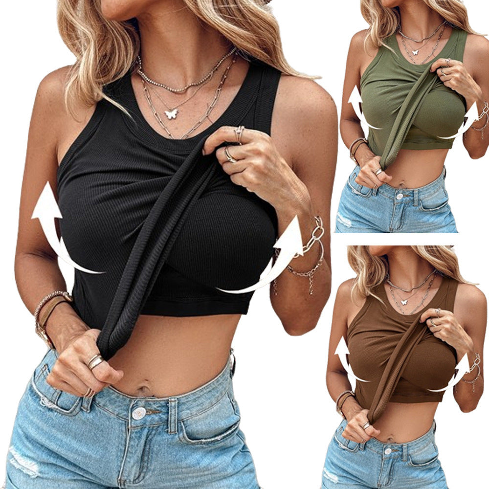 Women's Sleeveless Round Neck Vest with Built-in Bra – Solid Color Summer Tank Top