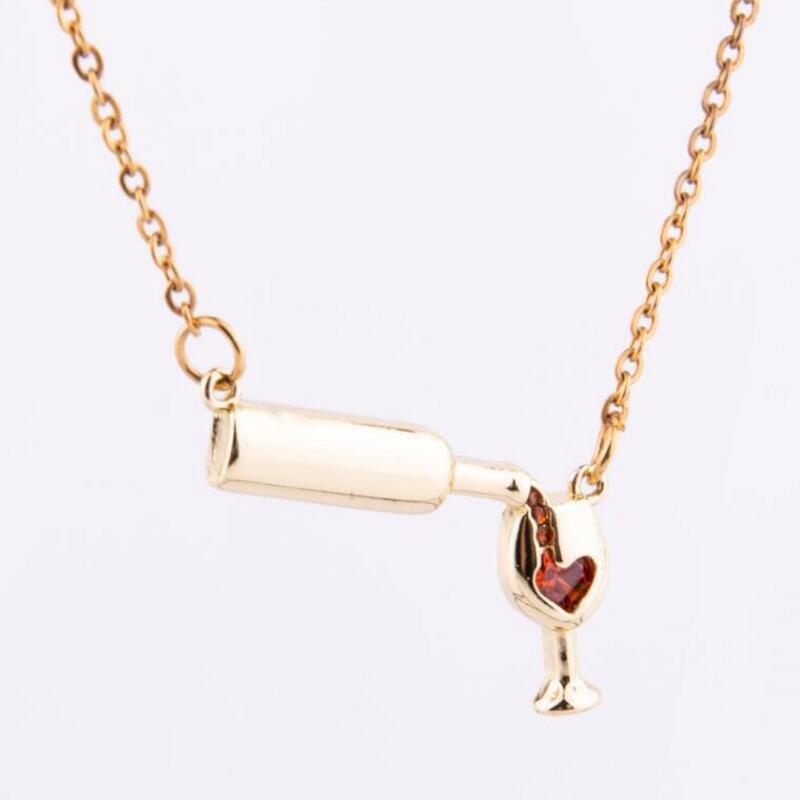 Wine Bottle & Cup Pendant Necklace for Women – Red Enamel Heart Love Cheers Chain Necklace, Perfect Gift for Wine Lovers