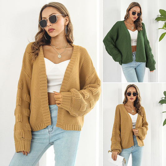 Women's Puff Sleeve Chunky Knit Cardigan – Cozy Front-Button Sweater Coat for Fall & Winter