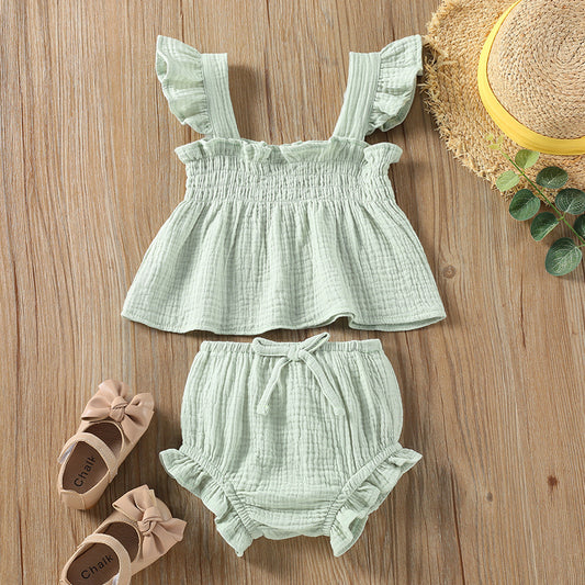 Girls' Solid Color Sling Top and Hot Pants Suit – Summer Casual Set for Toddlers and Kids