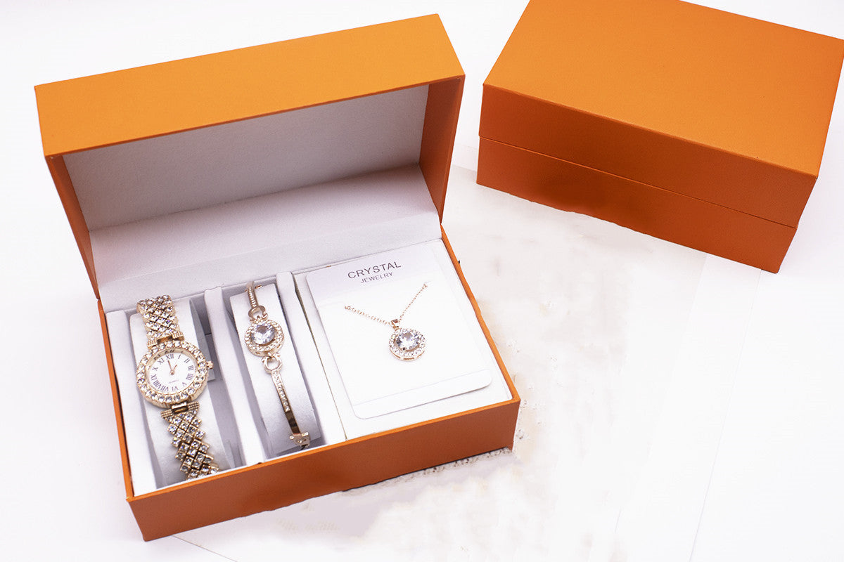 3-Piece Rhinestone Watch Set - Includes Bracelet and Necklace, Elegant Jewelry Set for Women