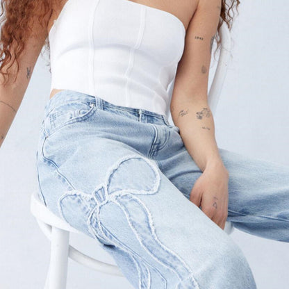 Women's Street Style Embroidered Butterfly Jeans – Frayed Baggy Trousers with Side Design