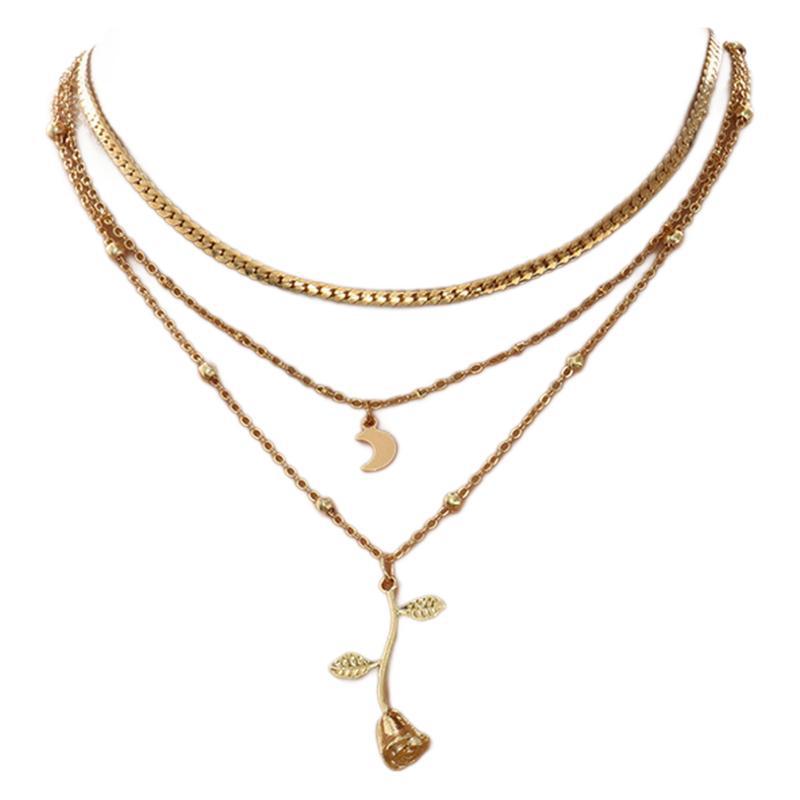 Bohemia Multilayer Gold Moon Pendant Necklace for Women – Rose Flower Choker, Fashion Jewelry, Perfect Valentine's Day Gift