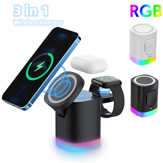 Premium 3-in-1 Magnetic Wireless Charging Station - Fast Charge Hub with RGB Ambient Lighting for Ultimate Convenience