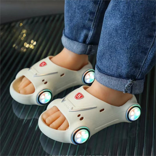 Kids Glowing Slippers – Cartoon Car Sandals with Anti-Slip Sole, Luminous Summer Beach Shoes for Boys & Girls