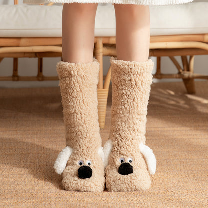 Women's Cute Cartoon Dog Floor Socks – Warm Plush Non-Slip Winter Socks for Cozy Comfort