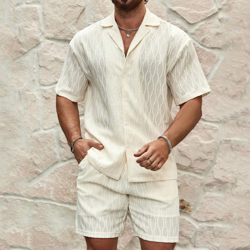 Men’s Fashionable Tracksuit Set – Solid Color Loose Casual Two-Piece Lapel Button Shirt & Shorts for Beach Holiday