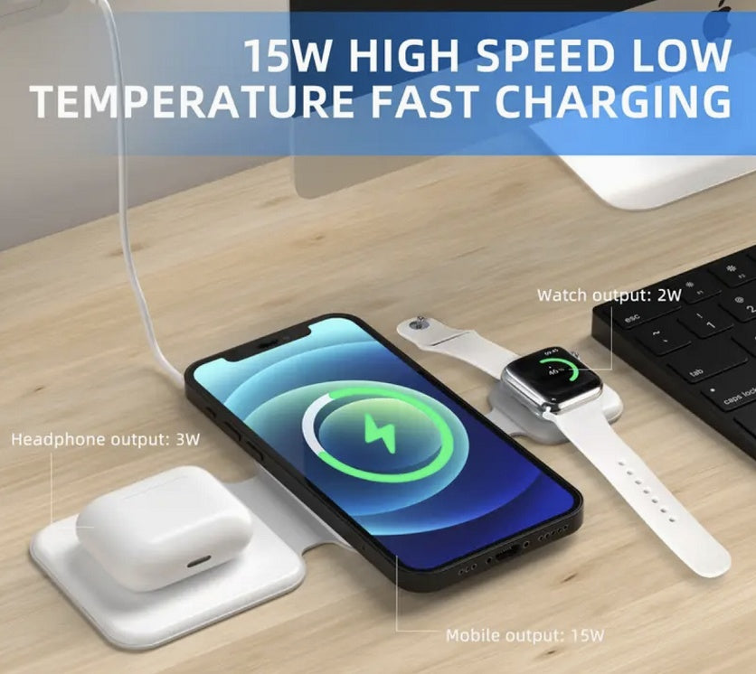 3-in-1 Magnetic Foldable Wireless Charging Station – Multi-Device Cell Phone Charger for Phones, Air Pods & Smartwatches