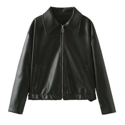 Women's Solid Color Lapel Zipper Jacket – Casual Long Sleeve Leather Coat for Fashionable Outerwear