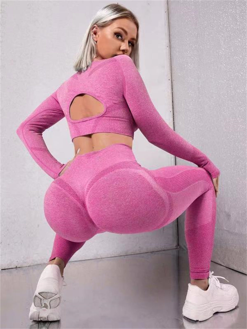 Women’s 2-Piece Sports Suit – Long Sleeve Hollow Design Top and Butt Lifting High Waist Leggings