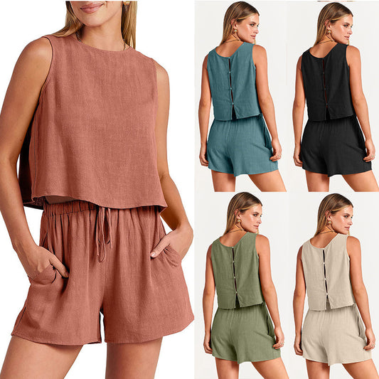 Women's 2-Piece Summer Outfit – Sleeveless Top & Drawstring Shorts Fashion Set