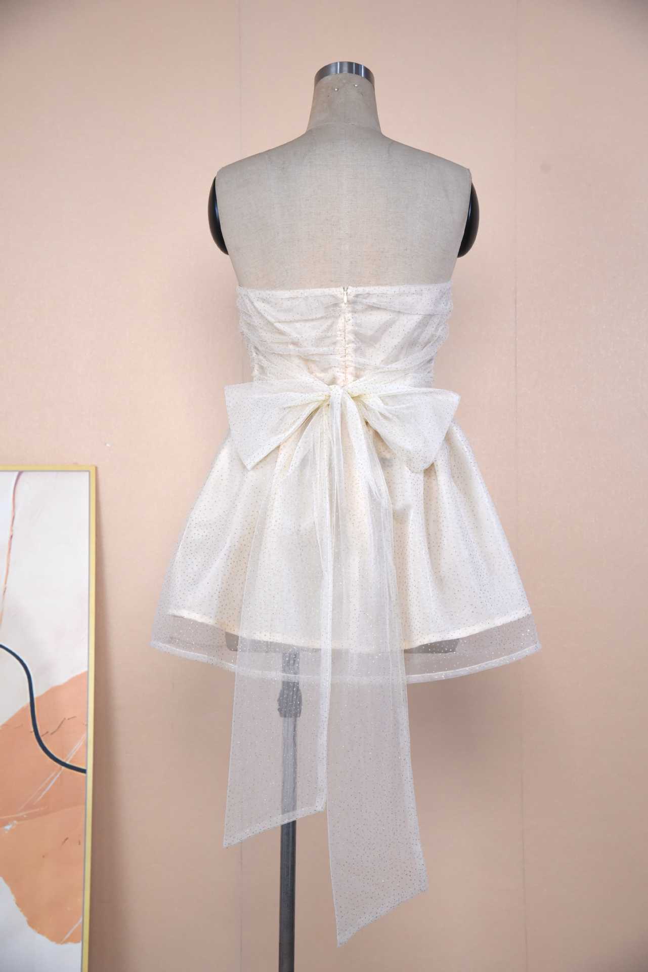 Women's Tube Top Lace Dress – Back Bow Knot & Mesh Stitching Off-neck Summer Fashion Short Skirt