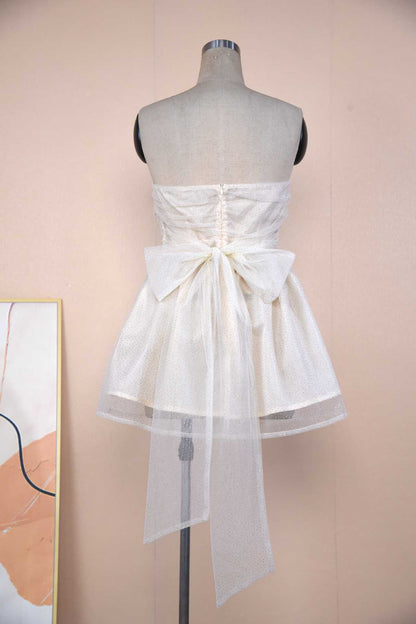 Women's Tube Top Lace Dress – Back Bow Knot & Mesh Stitching Off-neck Summer Fashion Short Skirt