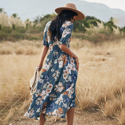 Floral Summer Beach Dress – V-Neck Elastic Waist Dresses for Women