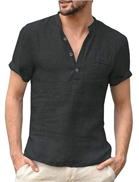 Casual Linen Solid Color V-Neck Shirt for Men, Summer Button Beach Shirt