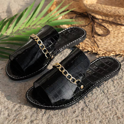 Pattern Chain Flat Sandals – Women’s Fish Mouth Summer Slides for Casual Vacation & Beach Wear