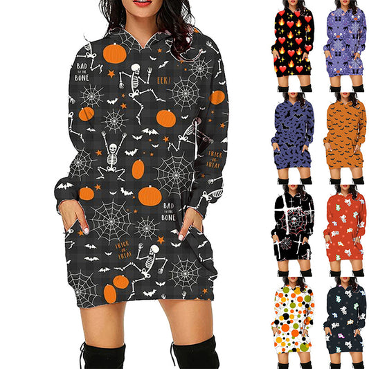 Halloween Print Long Hoodie for Women – Sweater with Pockets and Long Sleeves