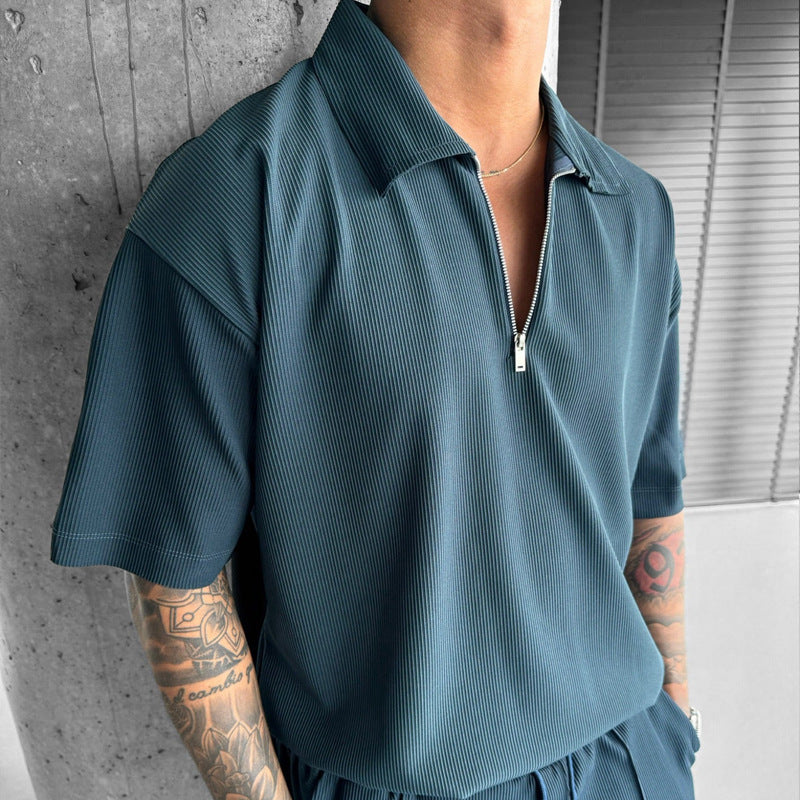 Summer Fashion Men's Clothing Set, Zipper Polo & Casual Shorts, Short Sleeve Drawstring Shorts Suit for Men