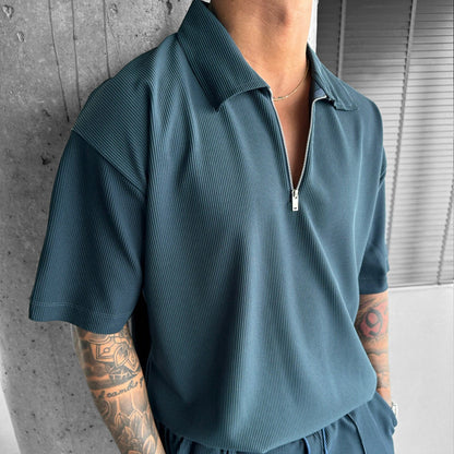 Summer Fashion Men's Clothing Set, Zipper Polo & Casual Shorts, Short Sleeve Drawstring Shorts Suit for Men