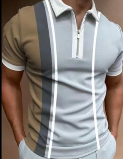 Men's Striped POLO Shirt Short Sleeve Lapel Casual T-Shirt