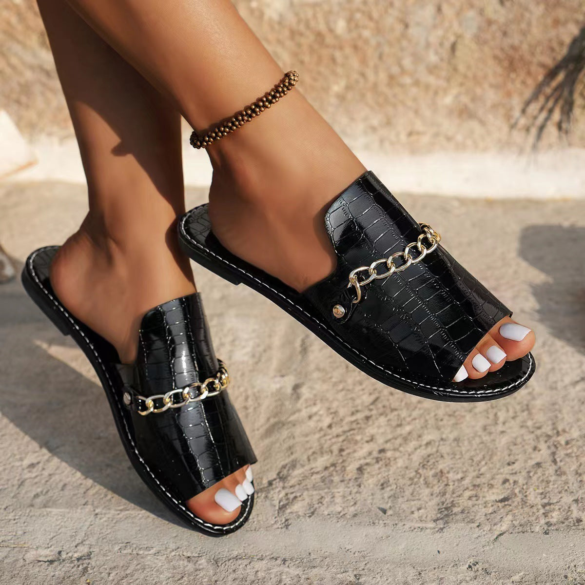 Pattern Chain Flat Sandals – Women’s Fish Mouth Summer Slides for Casual Vacation & Beach Wear