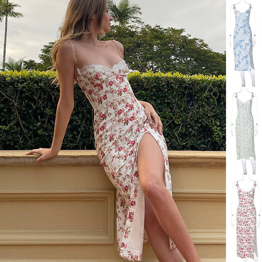 Lace Flowers Print Long Dress – Sexy Fashion Slit Suspender Summer Dress for Women