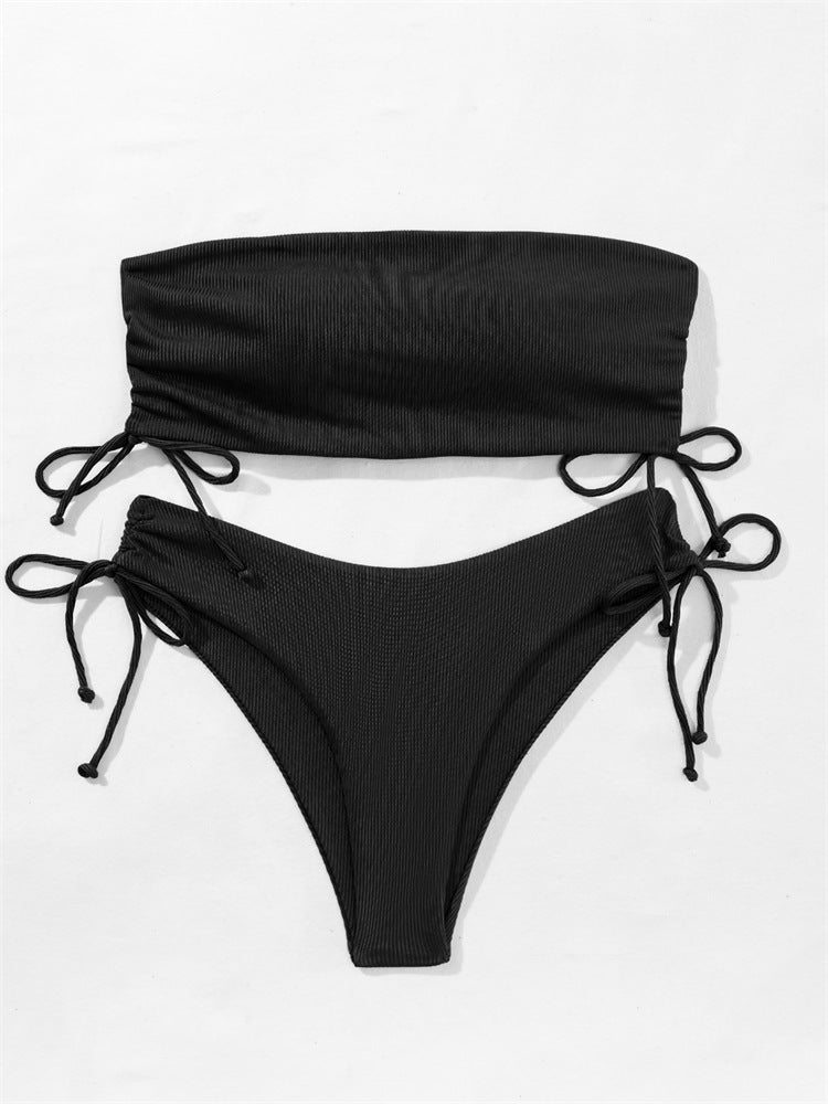 Women's Sexy Tube Bikini – Solid Color Swimsuit with Drawstring Design for Summer Beach Parties