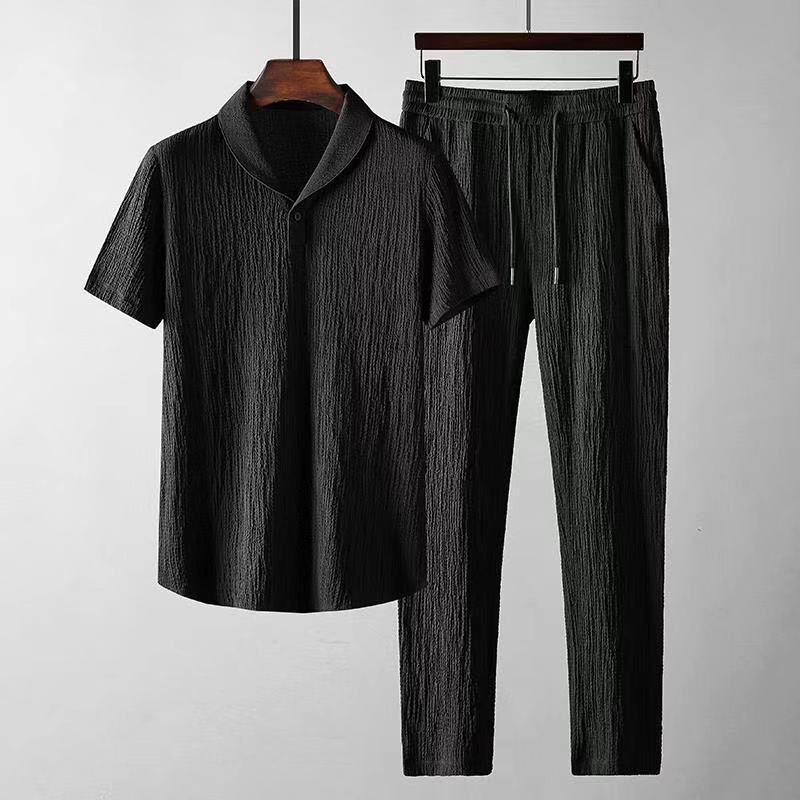 Summer Leisure Suit for Men - Loose Short Sleeve Top & Drawstring Trousers Fashionable Casual Outfit